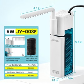 QiQiWader Small Aquarium Filter, Fish Tank Filter, Suitable for 10-20 Gallon Fish Tanks, 5W 110GPH with Two Modes Switching Function.