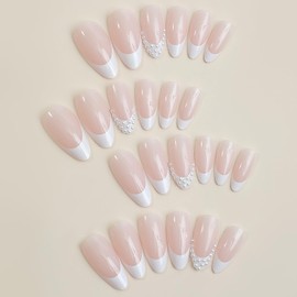 French Tip Press on Nails Medium RIICFDD Almond Fake Nails Nude Pink Full Cover False Nails with Charms Pearl Designs Glossy Stick on Nails Acrylic Artificial Nails for Women and Girls 24 Pcs