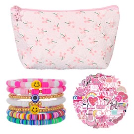 58 PCS Makeup Bag Set,Preppy Aesthetic Cosmetic Bag,with Friendship Bracelets & Preppy Stickers for Women Girls,Flower Travel Toiletry Bag,Make up Brush Storage Bag,Aesthetic Women Handbags Purses