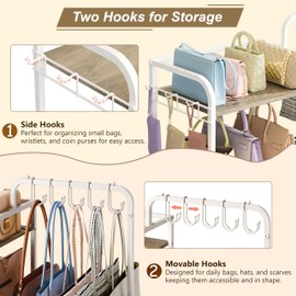 Purse Organizer for Closet, Large Capacity Purse Rack with 2 Purse Hangers and 5 Purse Hooks for Bag Organizer, Freestanding 3-Tier Handbag Organizer for Purse Storage, Ironwood Purse Holder, White
