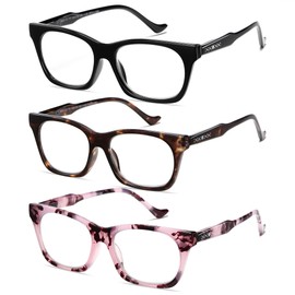 SUNAMOY 3 Pack Oversized Reading Glasses Women Oprah Style Blue Light Blocking Large Big Computer Reader Trendy Spring Hinge Cat Eye Square Eyewear 1.25 Black Tortoise Pink