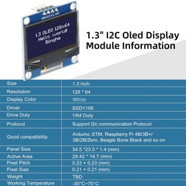 OLED Display Module Binghe 2 Pcs 1.3" LCD with OLED Display with White Character Display I2C IIC OLED Display 128x64 Pixels SSH1106 Chip Compatible with Arduino with Raspberry Pi