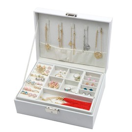 Homeanda Women's Large Jewellery Box, 2 Layers, with Key, Jewellery Box, PU (polyurethane) Leather for Rings, Earrings, Necklaces, Bracelets, Watches, Hairpins, Leather, White