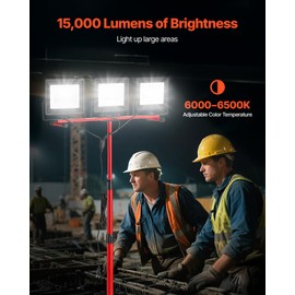 VEVOR LED Work Light with Stand, 15000 Lumens, Three-Head Portable Camping Light with Individual Switch, Tripod Stand, 10.83 ft Power Cord, for Indoor Outdoor Job Site Construction, IP65 Waterproof