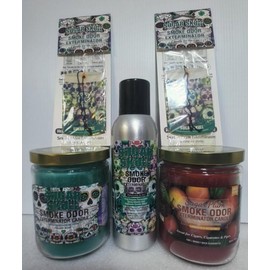 Smoke odor Exterminator Sugar Skull, Includes One 13 oz Jar Candle of Sugar Skull & one Candle of Sugar Plum one 7 oz Spray & Two Car Hangers All (5) Items in One Bundle.