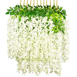 GPARK 12 Pack /45 inch /3.7ft Wisteria Artificial Fake Flower Bushy Silk Vine Ratta Hanging Garland for Wedding Party Garden Outdoor Greenery Home Wall Deco Milk White