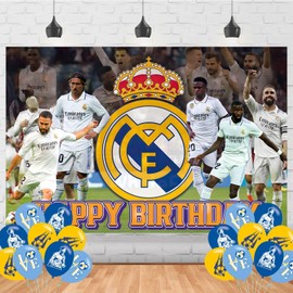 Madrid Football Birthday Photography Backdrop 5x3ft Photo Background Soccer Happy Birthday Banner for Football Party Supplies Decorations(5x3ft)
