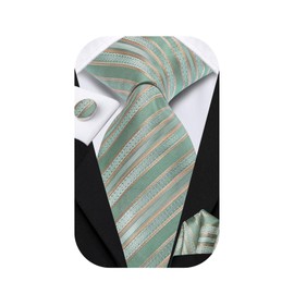 Dubulle Mens Tie Set Solid Paisley Silk Striped Necktie for Men with Cufflinks Tie and Pocket Square,Sage Green Khaki