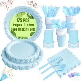 175 Pcs Blue Party Paper Plates and Cups Napkins Sets, Disposable Plates Party Supplies Includes Scalloped Plates and Napkins, Cups Plastic Spoons Forks Knives for Baby Shower,Birthday,Wedding