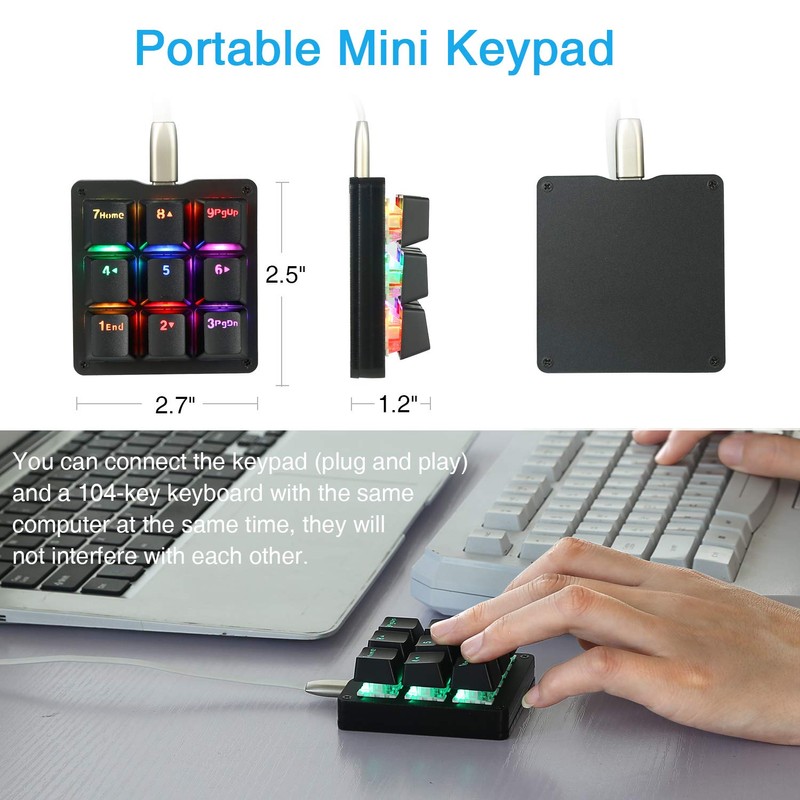 Koolertron One Handed Macro Mechanical Keyboard, RGB LED Backlit Portable