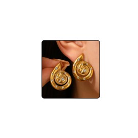 Shell Earrings For Women, Spiral Chunky Gold Plated Stainless Steel Seashell Rhinestone Statement Studs For Summer Beach Hypoallergenic Trendy Jewelry Gifts (Zircon Shell Gold)