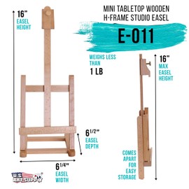 U.S. Art Supply 16" Mini Wooden Studio Tabletop Easel - H-Frame Artists Adjustable Painting and Display Stand, Holds Up to 12" Canvas - Portable Table Top Easel for Painting, Artwork
