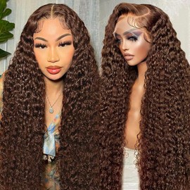 Aimking 13x6 Chocolate Brown Lace Front Wig Human Hair Wigs For Women 180% Density #4 HD Deep Wave Lace Frontal Wigs Curly Chocolate Brown Wig Human Hair Pre Plucked With Baby Hair Colored (32 Inch)