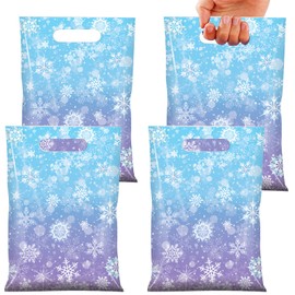 50 Pcs Winter Snowflake Party Favor Bags, Blue and Purple Snowflake Goodie Bags Bulk with Handles, Holiday Plastic Gift Candy Bag for Birthday Christmas Winter Wonderland Party Supplies