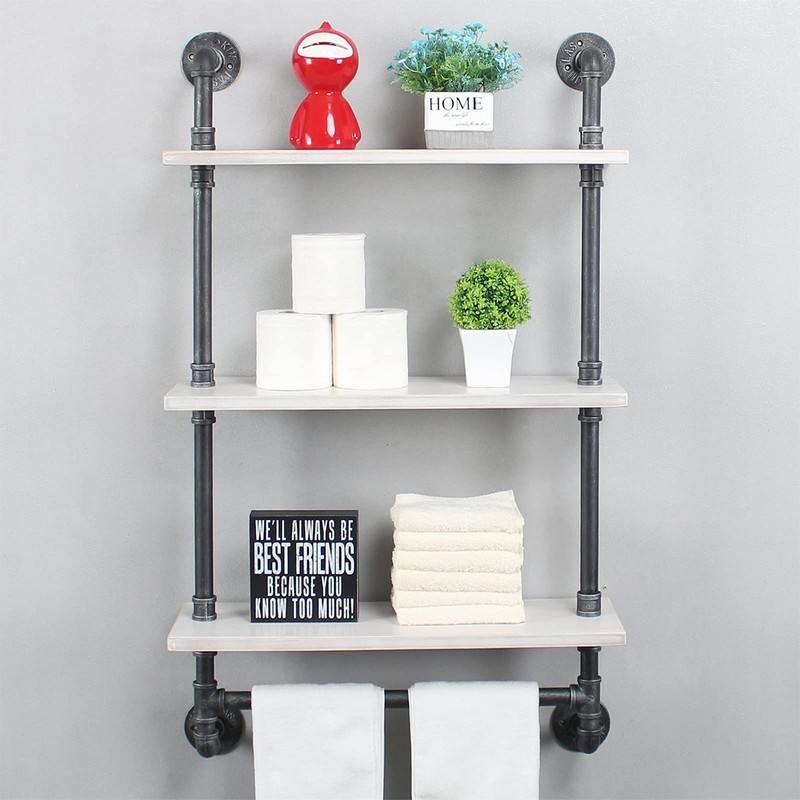 MBQQ Industrial Shelving,Bathroom Shelves with Towel bar,24in Rustic Metal Pipe
