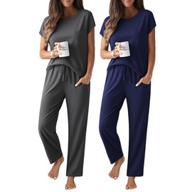 Ekouaer 2 Packs Pajamas for Women Set Cap Sleeve Top and Pants Soft Sleepwear Comfy Pjs Set with Pockets Lounge Set