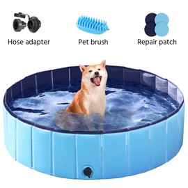 Topeakmart Foldable Dog Bath Pool for Dogs Collapsible Pet Cat Swimming Tub PVC Plastic Dog Wading Pool w/Pet Brush&Repaire Patches for Outdoor & Indoor, Blue L