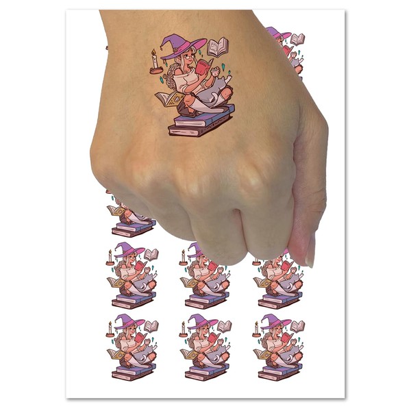 Studious Witch Reading Books with Cat Halloween Temporary Tattoo Water