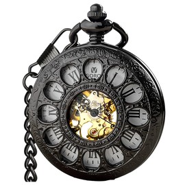VIGOROSO Vintage Hand Wind Up Pocket Watches for Men, Mechanical Black Pocket Watch with Chain, Mens Skeleton Pocketwatch