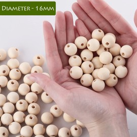 Pack of 120 x 16 mm Natural Wooden Beads with Bead Threader, Round Untreated Wooden Balls Wooden Beads with Hole 3.5 mm for Crafts, Threading, Dream Catcher, Macrame, DIY Crafts etc