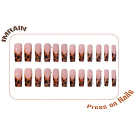 IMRAIN Brown Press on Nails Long Square Fake Nails Leopard Print French Tips False Nails with Golden Bead Designs Glossy Fall Glue on Nails Full Cover Stick on Nails for Women Nail Art Manicure