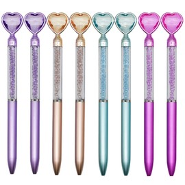 Maydahui Stylish Heart Crystal Diamond Ballpoint Pen, Oil-based, Set of 8, 0.02 inch (0.5 mm), Black Ink, Cute, Glitter, Love, Cute, Stationery, Children, Students, Gift, Present