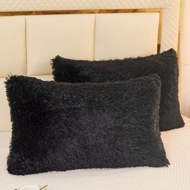 LIFEREVO 2 Pack Faux Fur Pillow Shams,Shaggy Plush Home Decorative Luxury Series Super Soft Furry Pillow Case with Zipper Closure for Home Sofa Couch Decoration,Standard Queen(Black,20"x26")