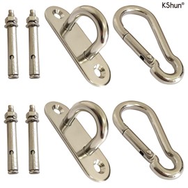 KShun Pad Eye Plates 2 Sets Length 100 x 9 mm Oval 304 Stainless Steel Ceiling Pad Eye Hooks Expansion Bolt and Carabiner Included Hanging Plant, External Light and Fence