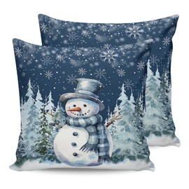 Christmas Pillow Covers 24x24 Inch Set of 2, Dark Blue Snowman Xmas Tree Snowflake Square Throw Pillow Decorative Case Sofa/Bed Cushion Covers Zipper Pillow Protector for Bedroom Living Room Farmhouse