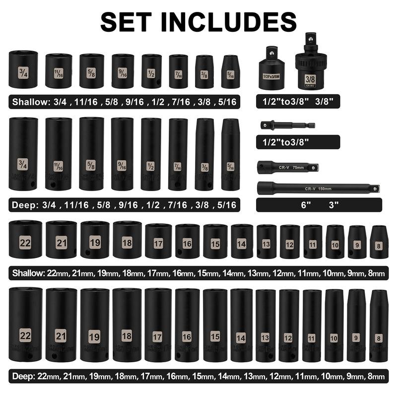 49 Pieces 3/8" Drive Impact Socket Set, 5/16"-3/4", 8-22MM, SAE/Metric,