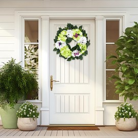 22 Inch Spring Summer Hydrangeas Wreaths for Front Door Green White Artificial Floral Daisy Wreath with Eucalyptus Leaves Butterfly Flower Wreath for Mantel Wedding Indoor Outdoor Home Wall Decor