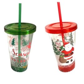 Lighted Christmas Tumblers for Kids, Set of 2 – 19 oz Cups in Red with Santa and Green with Reindeer, Includes Matching Lids and Straws – Fun and Festive Holiday Drinkware