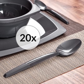 Grizzly Besteckset aus Kunststoff I 20er Set Mehrweg Esslöffel I Stabil, Spülmaschinenfest I 100% Recyclebar I Wiederverwendbares Anthrazit Besteck