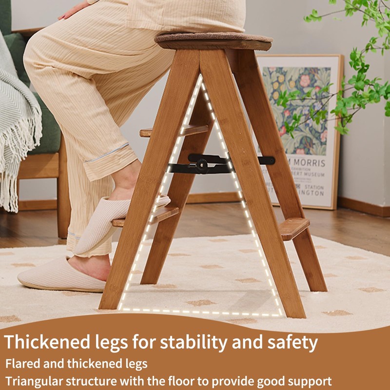 JIKUGO Foldable Step Stool Bamboo,3 Step Ladder with Wide Anti-Slip