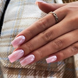 Qsnidy Press on Nails Square - Glazed Pink Fake Nails Medium Acrylic Glossy Full Cover Stick On Nails for Women and Girls Daily Wear, Natural Fit Glue on Nails in 12 Sizes - 24 Nails Kit