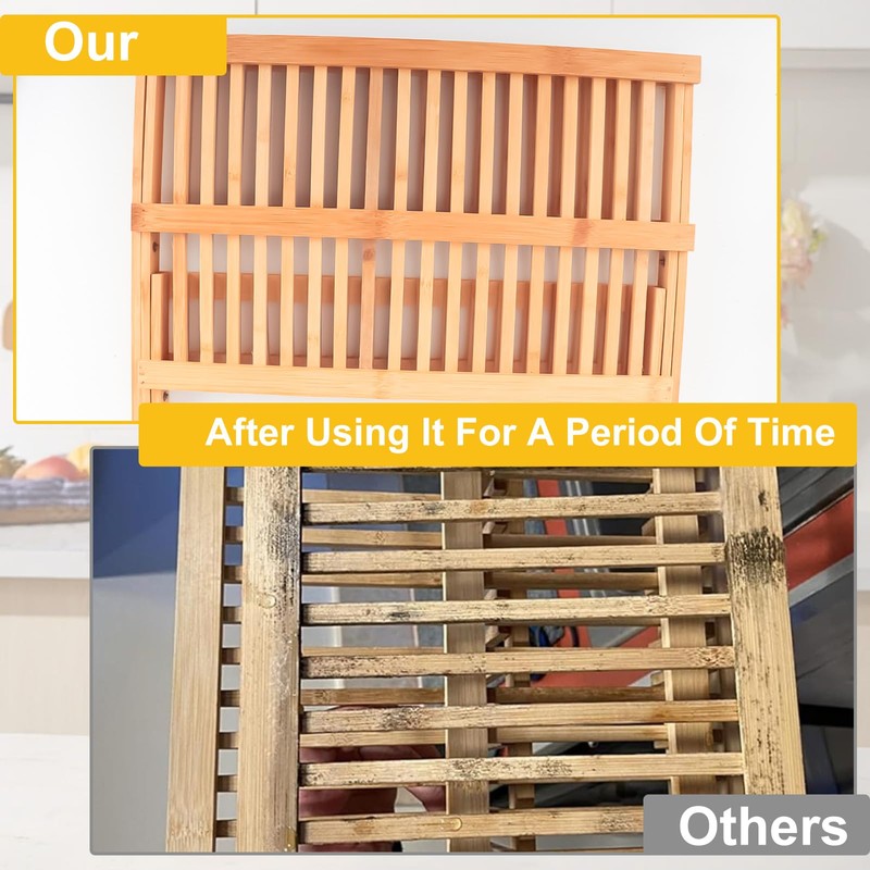Tefola Bamboo Dish Drying Rack, 2-Tier Foldable Design with Utensil