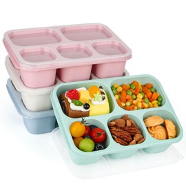 Lunbxx Bento Lunch Boxes - Reusable 5-Compartment Food Lunchables Containers, Snack Boxes For Adults Container for School, Work, and Travel, Set of 4 (Wheat)