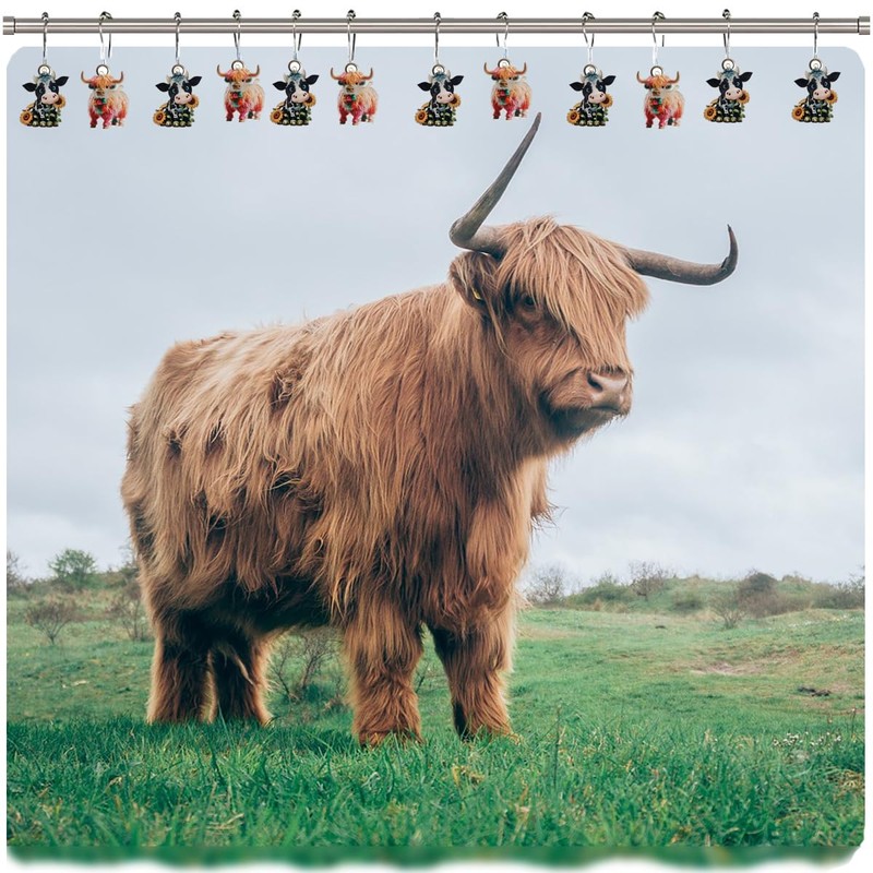 Cute Highland Cow Shower Curtain Hooks - Metal Silver Shower
