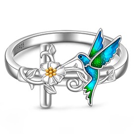 LOVGIFSET Hummingbird Ring Sterling Silver Cross Hummingbird Ring for Women Flower Cross Bird Rings Jewelry Womens Hummingbirds Gift