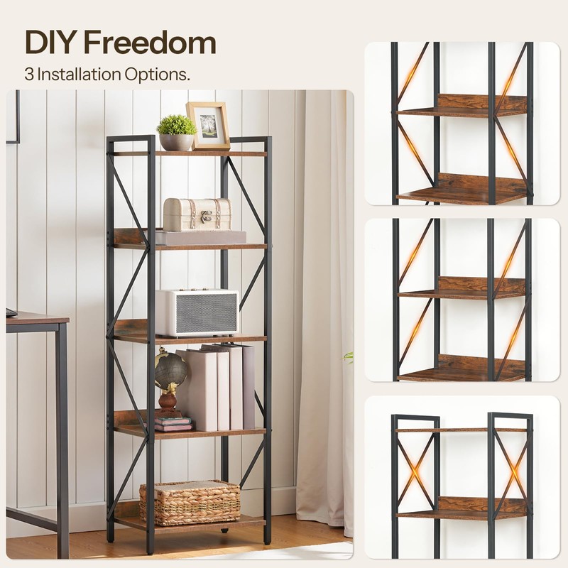 HOOBRO Bookshelf, 5-Tier Industrial Bookcase, Book Shelf Storage Organizer, Tall