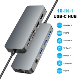 Docking Station Dual Monitor, USB C to Dual HDMI Adapter, USB C Docking Station Dual Monitor, Dual Monitor Adapter, USB C Hub 10 in 1 Docking Station 3 Monitors with HDMI/VGA/PD/USB/SD/TF/3.5mm Audio