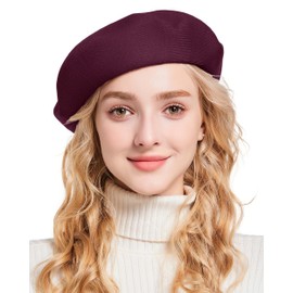 Umeepar Women French Beret Hat Reversible Double Layer Hat Solid Color (US, Alpha, One Size, Burgundy)