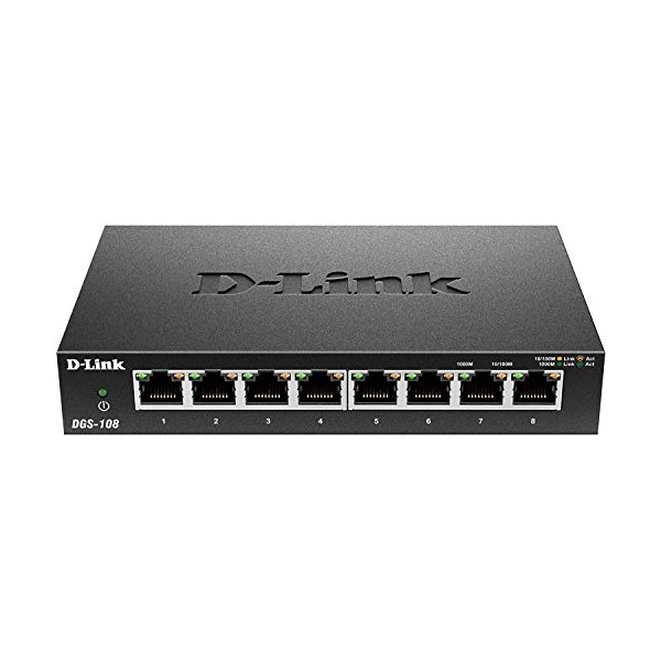 D-Link Ethernet Switch, 8 Port Gigabit Unmanaged Metal Fanless Desktop or Wall Mount Design (DGS-108)