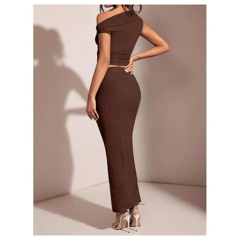 WDIRARA Women's 2 Piece Outfits Floral Print One Shoulder Crop