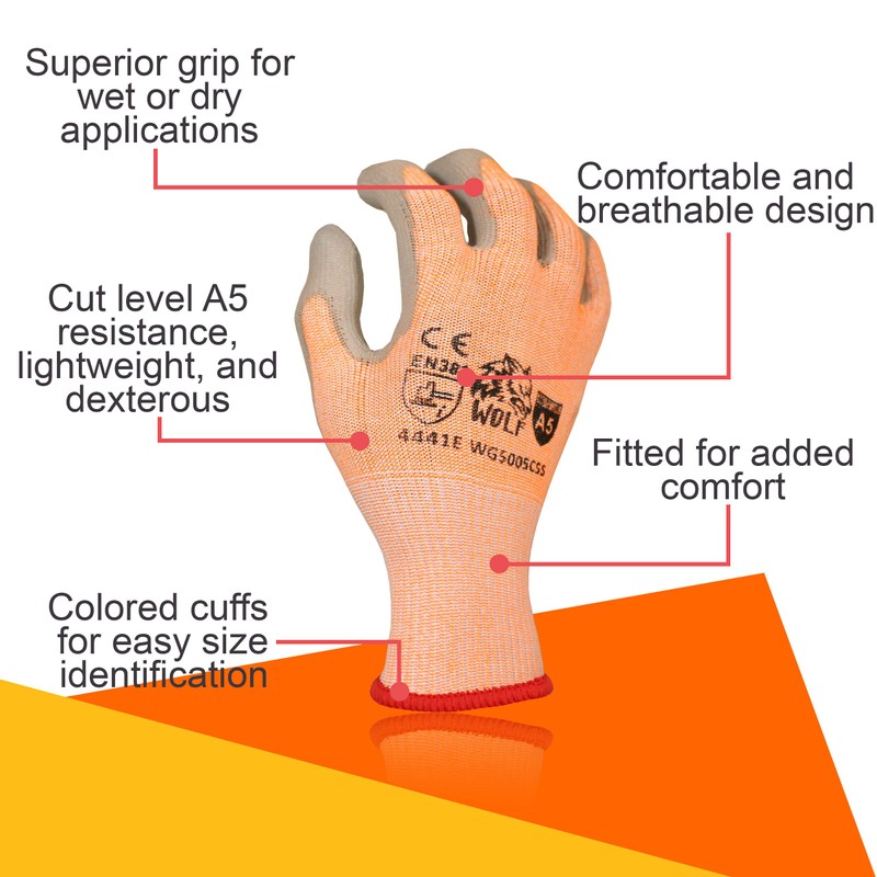 WOLF Hi-Viz Orange ANSI A5 Cut Resistant Breathable PE Grip