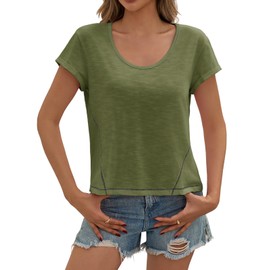 Cicy Bell Womens Scoop Neck Tshirts Summer Cuffed Short Sleeve Exposed Seam Tops Casual Loose Fit Cotton Tee Shirts Army Green