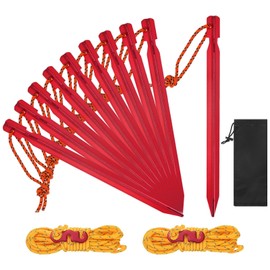 TIXIPEM 7IN Tent Stakes Set [10PCS] - Aluminum Ground Pegs with Reflective Ropes Use for Camping & Hammocks & Hiking - [Red] Camping Stakes with A Carrying Bag