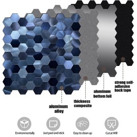 XUANINY 5-Metal Peel and Stick Backsplash Tiles, Aluminum Mosaic Sticker for Kitchen Wall Decor Hexagon Design Frosted 3D Wall Sticker(11.02"x11.5") (Dark Blue)