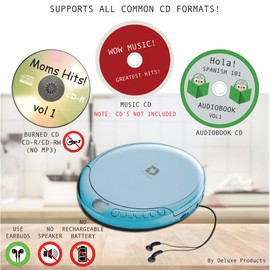 Deluxe Products CD Player Portable with 60 Second Anti Skip, Stereo Earbuds, Includes Aux in Cable and AC USB Power Cable for use at Home or in Car. Blue