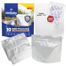 Wallaby MRE Mylar Bag Bundle - 10x (7.5 Mil - 6.5" x 8.5’’) Stand-Up Zipper Pouches, 10x 400cc Oxygen Absorbers - Heat Sealable & Withstand Boiling Water - Long-Term Food Storage Solutions - Silver